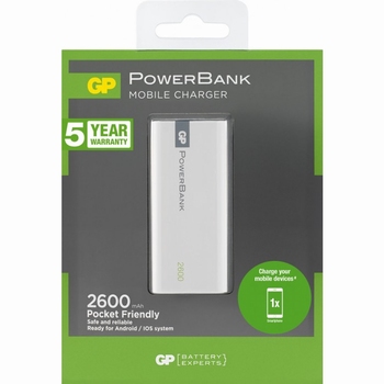 GP PowerBank (1C02A), kleur wit, 2600mAh.