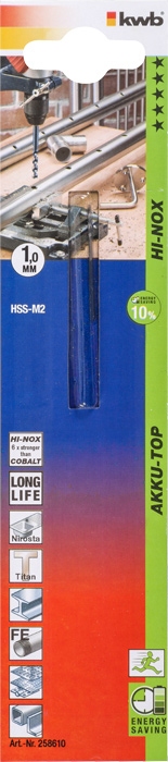 KWB, AKKU-TOP, HI-NOX HSS M2 metaalboor, Diameter: 1,0 mm.
