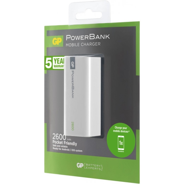 GP PowerBank (1C02A), kleur wit, 2600mAh.