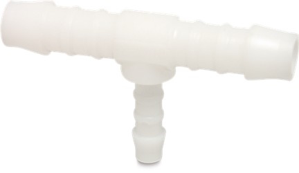 Nylon slangtules, T-stuk verlopend, 12 mm x 6 mm x 12 mm.