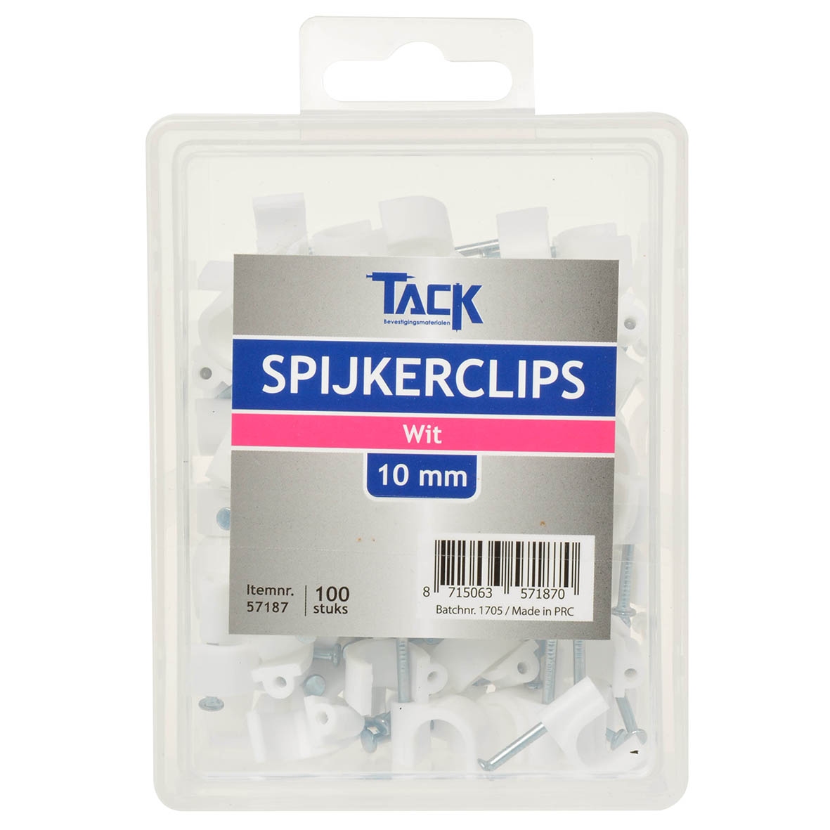 Tack Spijkerclip wit 10mm 100 stuks per doosje.