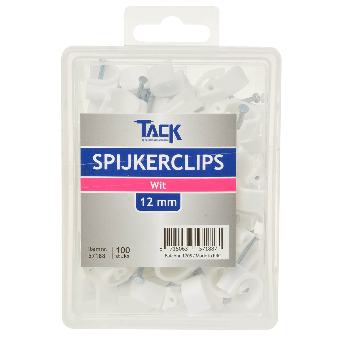 Tack Spijkerclip wit 12mm 100 stuks per doosje.