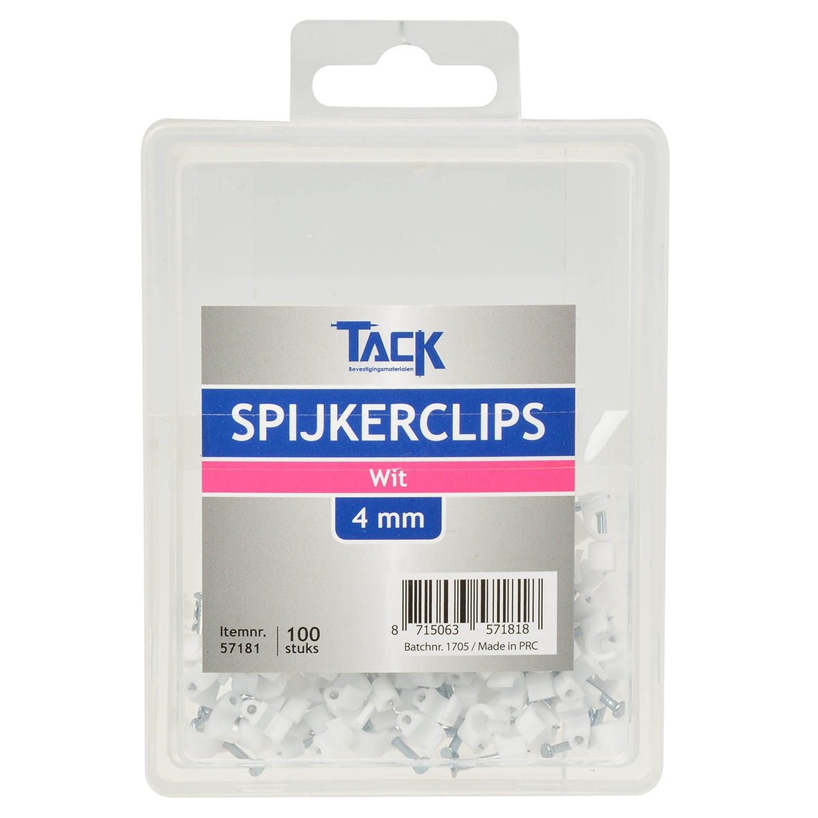 Tack Spijkerclip wit 4mm 100 stuks per doosje.