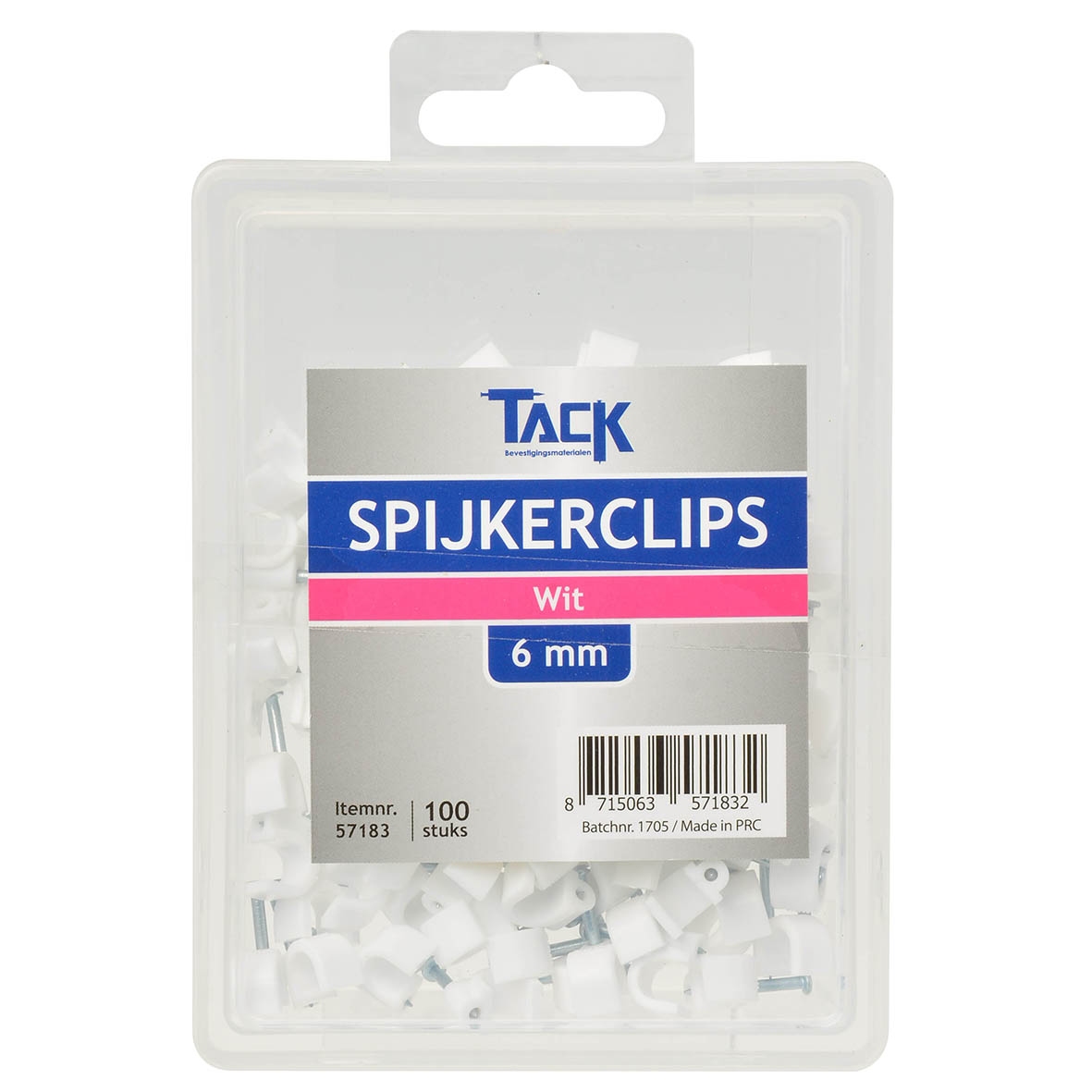 Tack Spijkerclip wit 6mm 100 stuks per doosje.