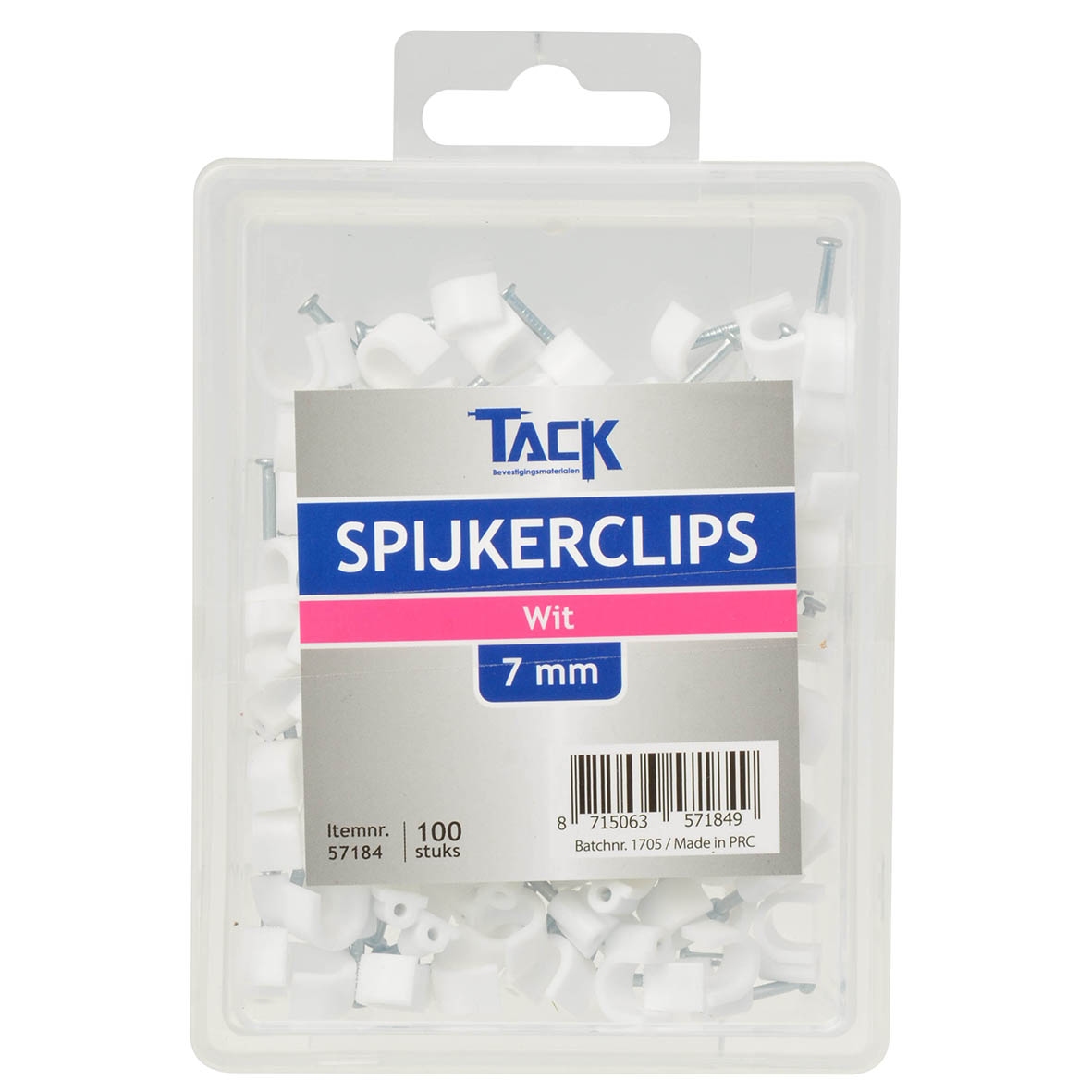 Tack Spijkerclip wit 7mm 100 stuks per doosje.