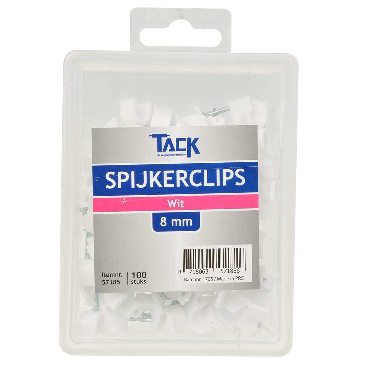 Tack Spijkerclip wit 8mm 100 stuks per doosje.