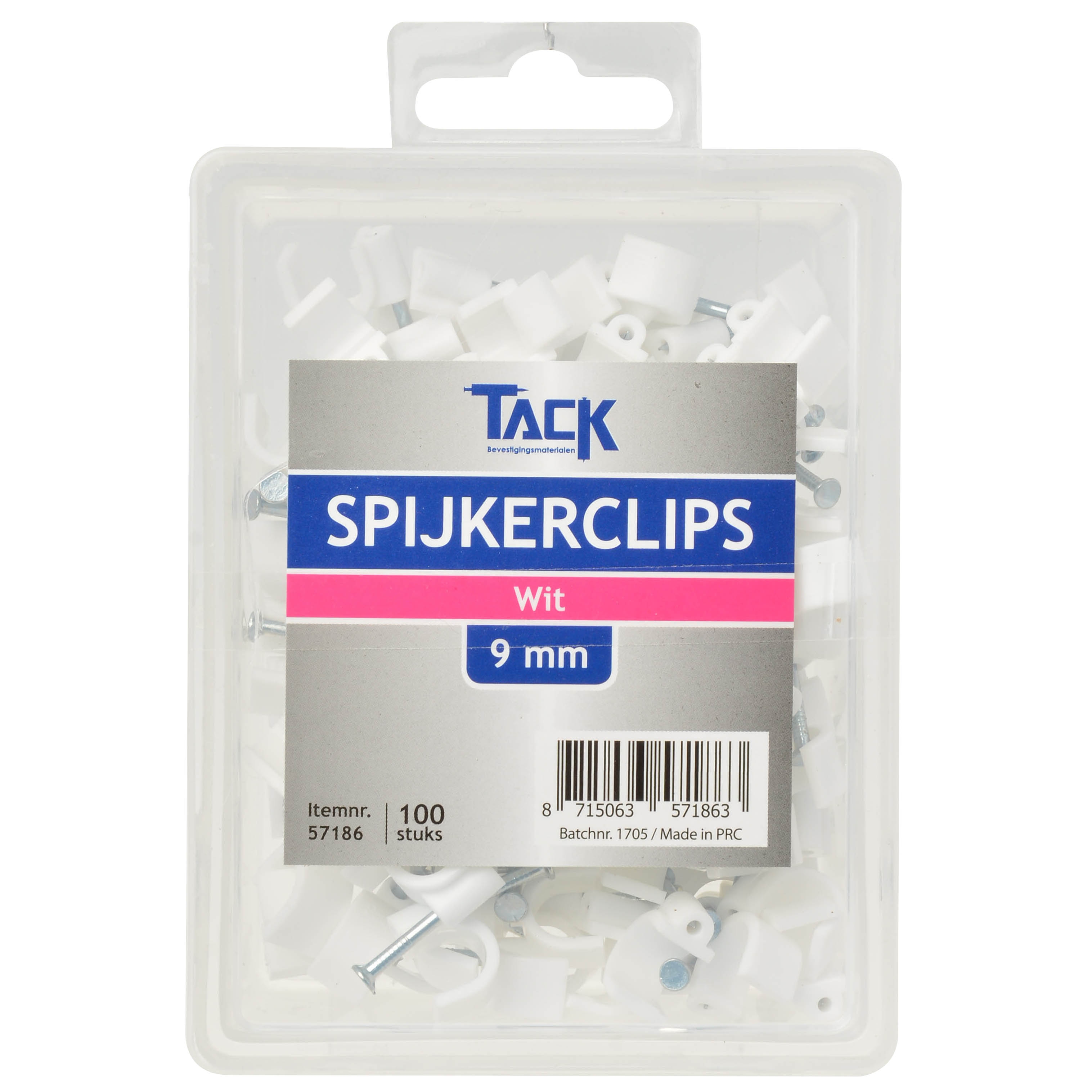 Tack Spijkerclip wit 9mm 100 stuks per doosje.