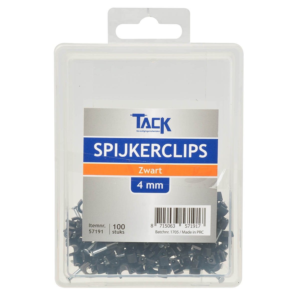 Tack Spijkerclip zwart 4mm 100 stuks per doosje.