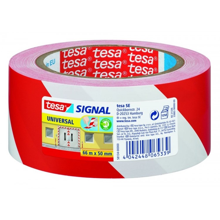 Tesa Universal waarschuwingstape rood/wit 66 meter x 50 mm.